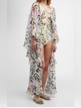 NEW PATBO women's jasmin floral ruffle maxi robe beach cover up in ivory
